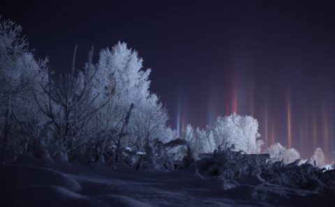 Световые столбы украсили ночное небо в Ленинградской области