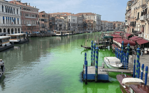 Флуоресцентная краска изменила цвет Гранд-канал Венеции на ярко-зеленый цвет